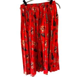 Vintage 80s 90s Pleated Midi Skirt Womens Large Elastic Waist Red Floral Coastal